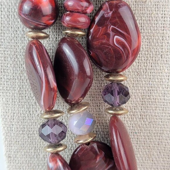 Dark Red Maroon Acrylic Bead Rope Cord Statement Necklace 35" Gold-Tone - Picture 5 of 12